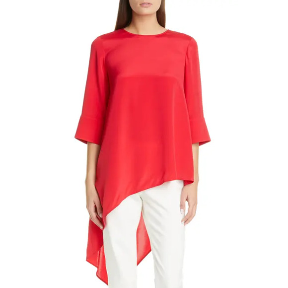 St. John Red Poppy Silk CDC Asymmetrical Hem 3/4 - Picture 11 of 13